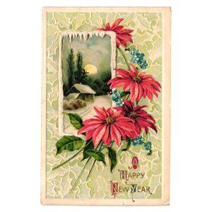 Vintage 1913 New Year Postcard Floral Design Scenic Winter Landscape 1 Cent Stam
